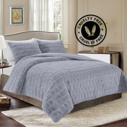 Elegant Comfort Luxurious Fluffy 3-Piece Faux Fur Comforter Set - All Season Warm Down Alternative - Ultra Soft, Plush Micro-Mink 3PC Bedding Set with Matching Shams, Queen, Gray