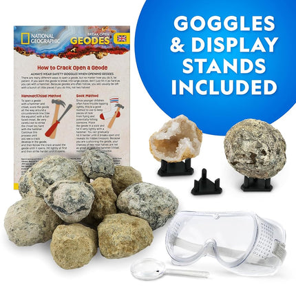 Blue Marble National Geographic Break Open 15 Premium Geodes - with Goggles, Detailed Learning Guide, 3 Display Stands, Great Stem Science Toy & Educational Kit