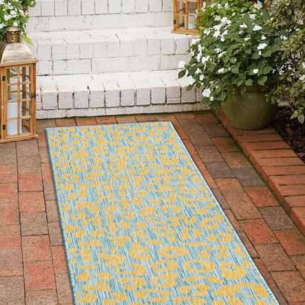 Unique Loom Outdoor Safari Collection Area Rug - Leopard (2' x 7' 10" Runner, Blue Yellow/Blue)