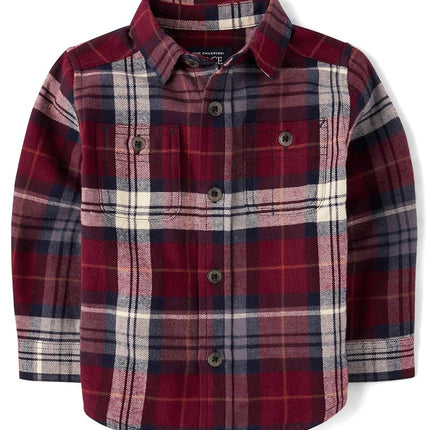The Children's Place Boys' and Toddler Long Sleeve Plaid Flannel Button Up Shirt, Redwood Plaid, 4T