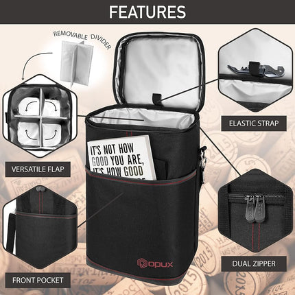 opux Wine Bag, 4 Bottle Wine Cooler Bag, Insulated Wine Tote Carrier for Travel Picnic BYOB, Leakproof Padded Portable Wine Bottle Bag for Wine Lovers Gift Women Men Christmas (Black)