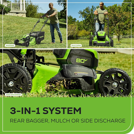 Greenworks 80V 21� Brushless (Self-Propelled) Cordless Electric Lawn Mower + (580 CFM) Axial Leaf Blower (75+ Compatible Tools), 4.0Ah Battery and 60 Minute Rapid Charger, Green and Black