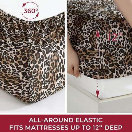 Elite Home Products Microfiber 90 GSM Whimsical Printed Deep-Pocketed Sheet Set, Zara Leopard, Queen