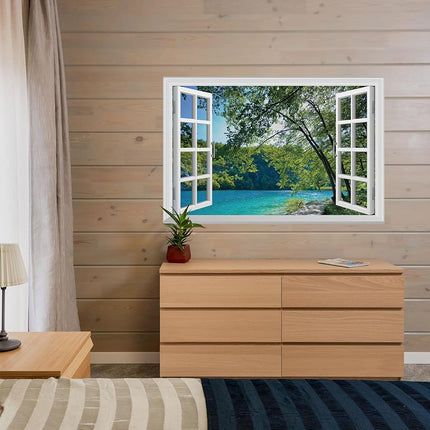FLFK Fake Window Wall Mural - Lakes in The Jungle Faux Window Wall Sticker for Wall Decor, Stick and Peel Wall Decals, 48"x32", Set of 2 Sheets