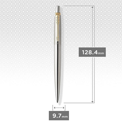 PARKER Jotter Ballpoint Pen, Stainless Steel with Golden Trim, Medium Point Blue Ink (1953206)