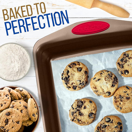 NutriChef 2-Piece Baking Pan Set - PFOA, PFOS, PTFE Free Flexible Nonstick Golden Coating Carbon Steel Bakeware - Professional Home Kitchen Bake Cookie Sheet Stackable Tray w/Red Silicone Handles