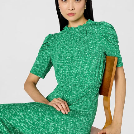 Adrianna Papell Women's Ruffle Neck Short Sleeve Dress Casual, Emerald Scattered Leaf, M