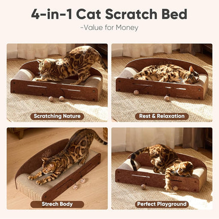FUKUMARU 26 Inch Cat Scratcher Cardboard Lounge Bed, Durable Cat Scratcher Bed Large Lounger, 2 Reversible Cat Scratching Pads for Indoor Cats, Recyclable Cat Scratch Bed Cardboard with Bell Ball Toy