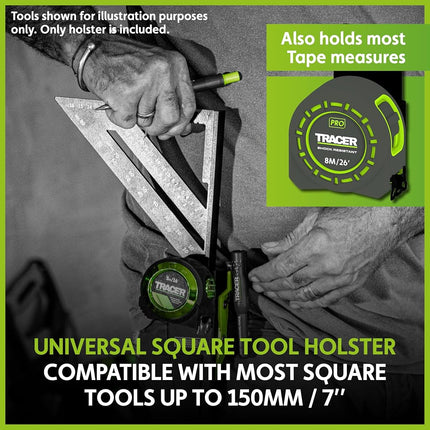 Tracer Set Square and Tape Holder – Speed Square and Tape Measure Holder with Additional Slots for Markers and Belt Clip for 2" Belts.