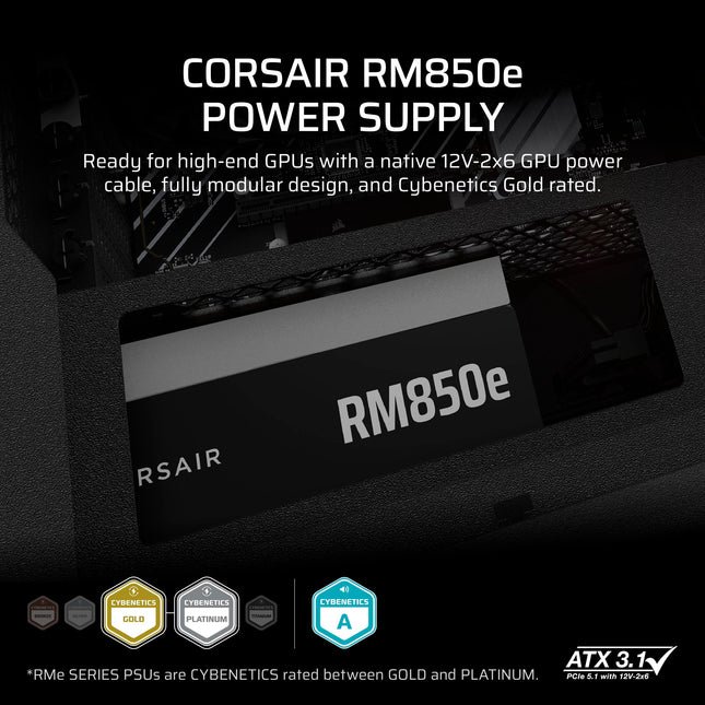 Fuente de alimentación ATX totalmente modular de bajo ruido Corsair RM850e (2025) con cable 12V-2x6 - Compatible con ATX 3.1 y PCIe 5.1, eficiencia Cybenetics Gold, condensadores clasificados