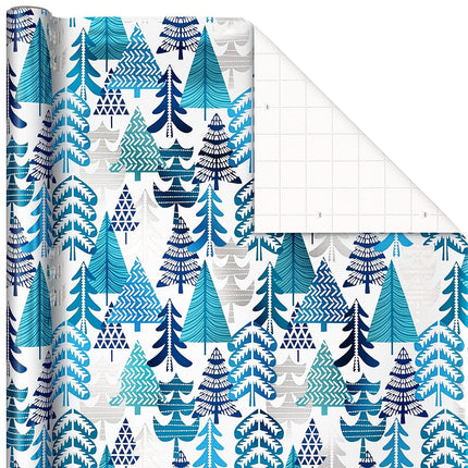 Hallmark Blue Foil Christmas Wrapping Paper with Cut Lines on Reverse (3 Rolls: 60 sq. ft. TTL) Snowmen, Snowflakes, Christmas Trees