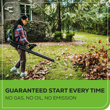 Soplador de mochila sin escobillas Greenworks 60V 550 CFM, batería de 5.0 Ah y cargador de 6A