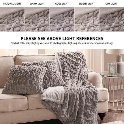 Comfort Spaces Luxurious & Fuzzy Soft Ruched Faux Fur Plush Throw Blanket Set with 2 Matching Square Pillow Covers, for Sofa,Chair, Couch, Living Room, Home Office, Grey 50"x 60"
