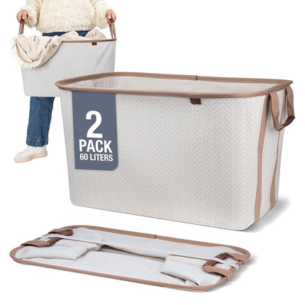 CleverMade Collapsible Fabric Laundry Basket - Premium Foldable Pop Up Storage Bin - Space Saving Hamper with Side Handles Large, Cream Herringbone, 2 Pack