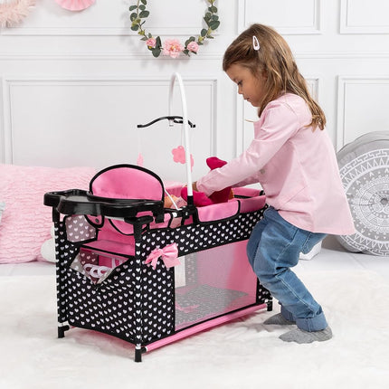 Doll bed with integrated high chair, changing table, mobile, black, pink