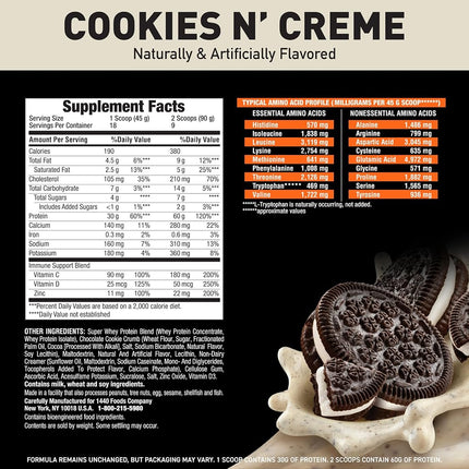 Body Fortress Super Advanced Whey Protein Powder, Cookies N’ Crème, Immune Support (1), Vitamins C & D Plus Zinc, 1.78 lbs