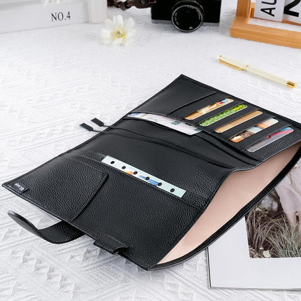 Ox Knight A5 Leather Planner Cover for Hobonichi Cousin, Stalogy, Midori, Leuchtturm1917, and More - with Pen Loop, Card Slots, Back Pocket, and Bookmarks (Black)