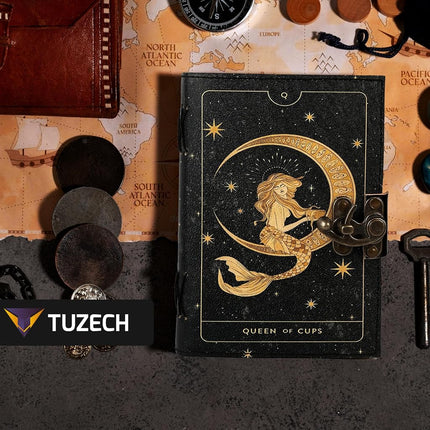 TUZECH Book of Spells Leather Bound Journal Deckle Edge Paper Grimoire Printed Diary Third Eye witchcraft supply and Witch Spell Notebook Antique Vintage Book for Men and Women (Queen of Cups)