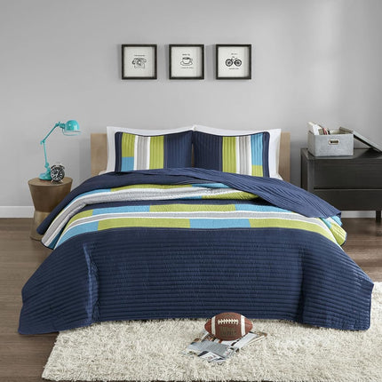 Comfort Spaces 3 Piece Quilt Coverlet Bedspread All Season Lightweight Hypoallergenic Pipeline Colorblock Kids Bedding Set, Full/Queen, Pierre Navy/Blue Stripe
