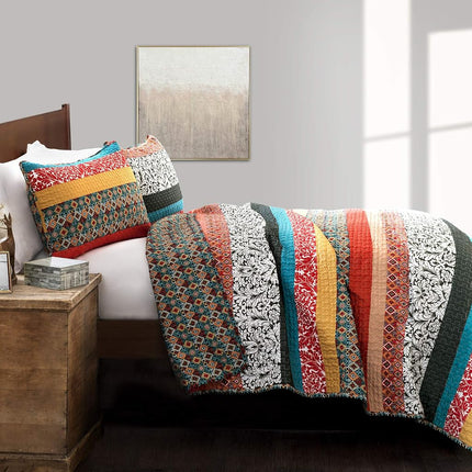 Lush Decor Quilt Reversible 3 Piece Bohemian Design Bedding Set, Cotton, Turquoise & Tangerine, Full/Queen