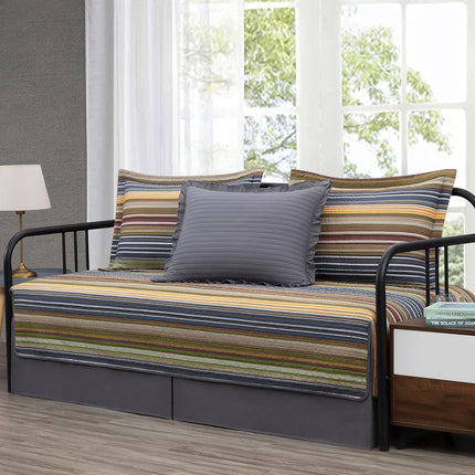 Chezmoi Collection Avery Striped Cotton Quilt Set Daybed Size, 5-Piece Soft Pre-Washed 100% Cotton Quilt, Multi-Color Green