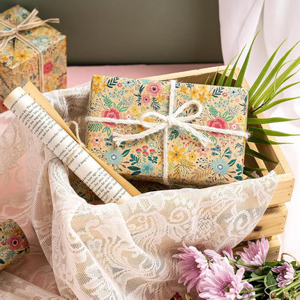 WRAPAHOLIC Jumbo Kraft Floral Wrapping Paper Roll - 30 Inch x 33 Feet - Spring Summer Garden Flower Design Perfect for Wedding, Bridal Shower, Birthday