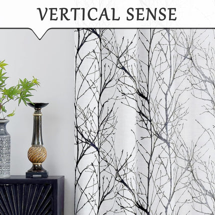 Fmfunctex Linen Semi Sheer Curtains for Bedroom, Black White Curtains 96 Inches Long for Living Room, Grey Tree Branch Patterned Curtain Light Filtering Farmhouse Window Drapes, Grommet Top 2 Panels