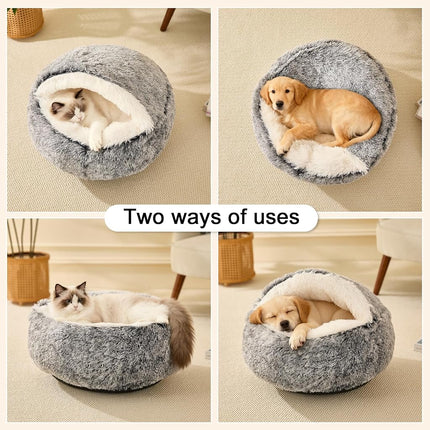 MADDEMCUTE Calming Dog & Cat Cave Bed With Hooded Cover, Removable Washable Round for Small Medium Pets, Anti-Slip Faux Fur Fluffy Coved for Improved Sleep, Fits up to 15/25 lbs (Grey, S)