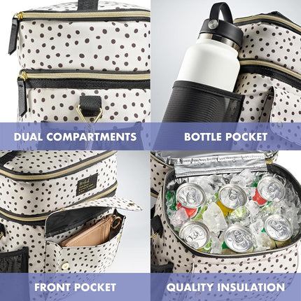 Fit & Fresh Westminster Insulated Lunch Bag Double Compartment for Women, Full Set with 2 Containers, Double Compartment Cooler Bag with Adjustable Strap, Black and White Dots