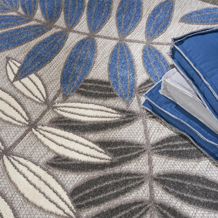 Nourison Aloha Indoor/Outdoor Grey/Blue 7’10” x Round Area Rug, Easy Cleaning, Non Shedding, Bed Room, Living Room, Dining Room, Backyard, Deck, Patio (8 Round)