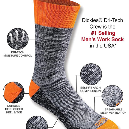 Dickies Men's Multi-Pack Dri-tech Moisture Control Crew Socks (Pack of 18), Hi-Vis Orange Black (6 Pairs), Shoe Size: 5-9