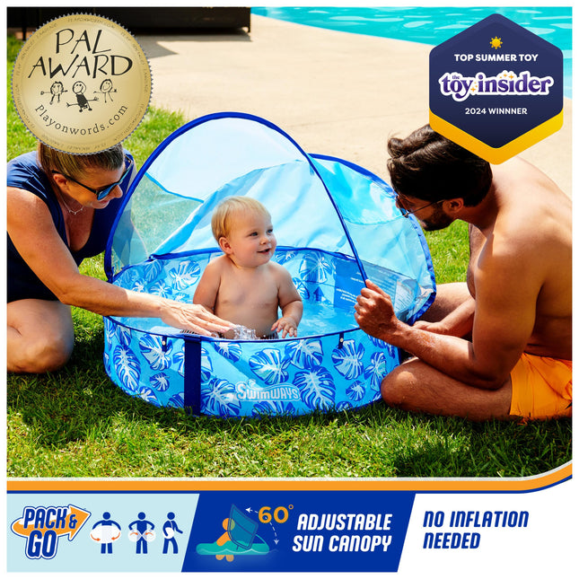 SwimWays Elite Pop-Up Above Ground Pool, Baby Pool with Canopy & Carrying Case, Foldable Pool for Kids Aged 9-24 Months, Measures 32", Blue