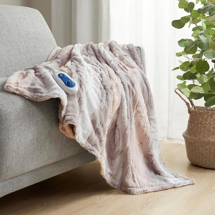 Couverture chauffante électrique réversible Beautyrest Zuri en fausse fourrure et vison, arrêt automatique, quasiment zéro champ électromagnétique, plusieurs réglages de chaleur, certifiée UL, lavable en machine, plaid 127x178 cm rose poudré/gris