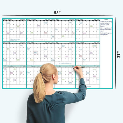 Large Dry Erase Calendar for Wall - Undated 12 Month Wall Calendar, 37”×58", Yearly Wall Calendar Dry Erase, Erasable & Reusable Calendar with 15 Round Stickers, Green Large Wall Calendar Dry Erase
