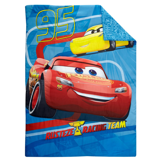Juego de ropa de cama para cuna de 4 piezas Disney Cars Rusteze Racing Team, azul/rojo/amarillo/blanco