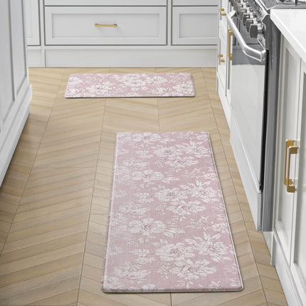 Laura Ashley - Anti-Fatigue Kitchen Mat, Iris Floral Design, Stain, Water & Fade Resistant, Cooking & Standing Relief, Non-Slip Backing, 2 Piece Set: 17.5" x 60" / 17.5" x 28" Soft Pink Iris
