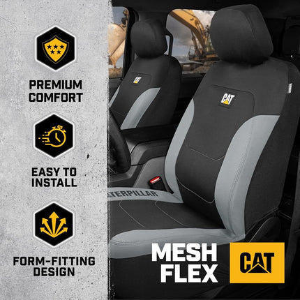 Caterpillar Flexfit Automotive Seat Covers for Cars Trucks and SUVs (Set of 2) – Black Car Seat Covers for Front Seats, Seat Protectors with Gray Honeycomb Trim, Auto Interior Covers