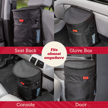 Lusso Gear Spill-Proof Car Bin, Car Trash Can for Rubbish - Removable Liner & Storage Pockets - Keep Car, Auto, Motor Tidy, Organised & Odor Free - Large 9L Capacity Garbage Bin (Black)