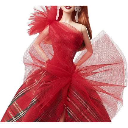 Barbie 2024 Holiday Dolls, Seasonal Collector Toy, Signature, Plaid Gown with Red Bow, Displayable Packaging, Red Hair