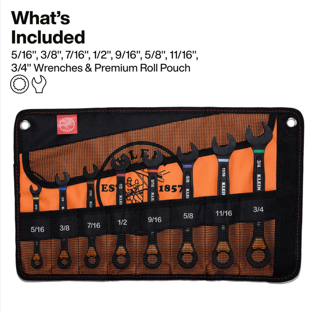 Klein Tools 69508 SAE Ratcheting Combination Wrench Set, 8 Piece, Slide-Lock 90 Teeth Ratchet, I-Beam Handle, Color Coded Size Markers, Roll Pouch Storage
