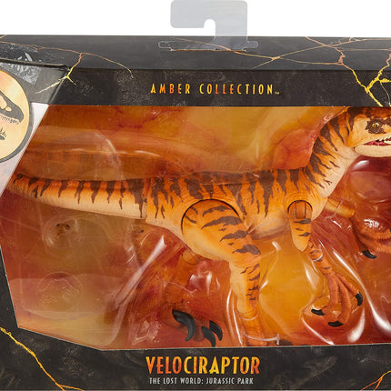 Jurassic World Amber Collection Tiger Velociraptor 6-in Dinosaur Action Figure, Movie-authentic Detail, Movable Joints & Figure Display Stand, Collectible Gift 8 Years & Up