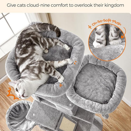 FEANDREA Cat Tree, 206 cm Large Cat Tower with 13 Scratching Posts, 2 Perches, 2 Caves, 1 Scratching Ramp, Basket, Hammock, Pompoms, Multi-Level Plush Cat Condo for Indoor Cats, Light Gray