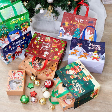 JOYIN 12 PCS Christmas Large Reusable Gift Bags 12.8"x9.8"x6.7, Xmas Large Non-Woven Grocery Bag with Handles for Wrapping Party Supplies, Holiday Party Favor