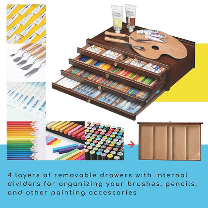 MEEDEN 4-Drawer Art Supply Storage Box - Large Capacity Multi-Function Beech-Wood Pencil Box with Drawer & Compartments for Organizing Pastels, Pencils, Pens, Markers, Brushes & Stamp, Walnut