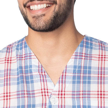 Fruit of The Loom Men's Broadcloth Short Sleeve Top and Long Pants Pajama Set, Ivory/Blue/Red Plaid, Small