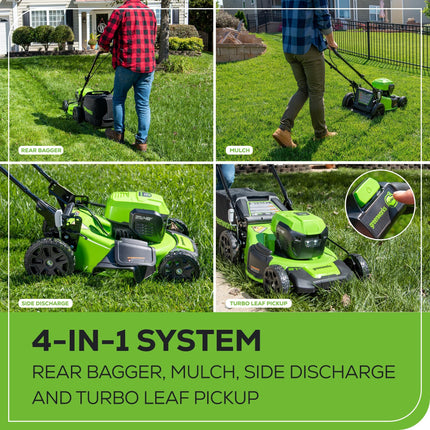 Greenworks 48V (2x24V) Cortacésped sin escobillas de 20"+Cortadora de hilo de 12"+Soplador de 320 CFM, (2) Baterías de 4.0Ah y Cargador de puerto dual de 4A