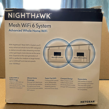 Ubcwin NETGEAR Nighthawk 全家用网眼 WiFi 6 系统 (MK62) - AX1800 路由器带1个卫星扩展器，覆盖范围高达3000平方英尺和25+设备，MK62-100NAS