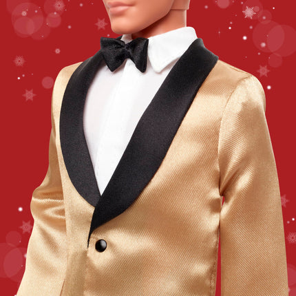 Barbie Signature 2025 Holiday Light Brown Hair Ken Collectible Fashion Doll Wearing Full Suit with Golden Jacket in Displayable Packaging & Doll Stand