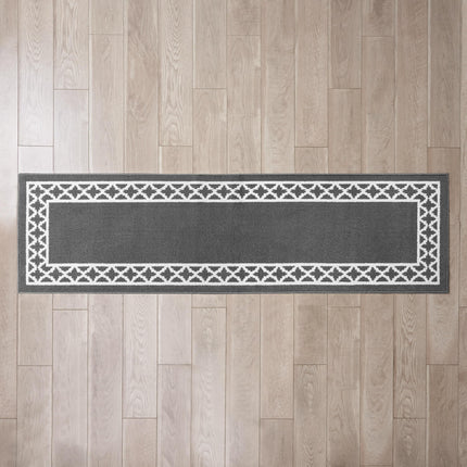 Alfombra Larga Nautica Runner, Alfombra de Interior para Entrada y Pasillo, Alfombra Antideslizante para Entrada y Cocina, Felpudo de Perfil Bajo Lavable a Máquina, 66 cm x 244 cm, Borde de Celosía Gris Oscuro y Blanco