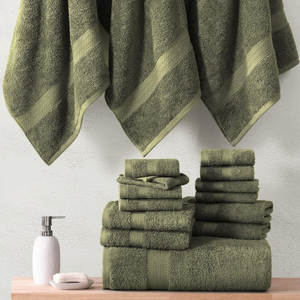 LANE LINEN Cotton Bath Towels for Bathroom - 18 PC 100% Cotton Towels - 4 Bathroom Towel Set, 6 Hand Towels for Bathroom, 8 Washcloths, Soft Turkish Towel Sets for Bathroom, Travel Towel - Oil Green